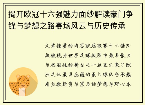 揭开欧冠十六强魅力面纱解读豪门争锋与梦想之路赛场风云与历史传承